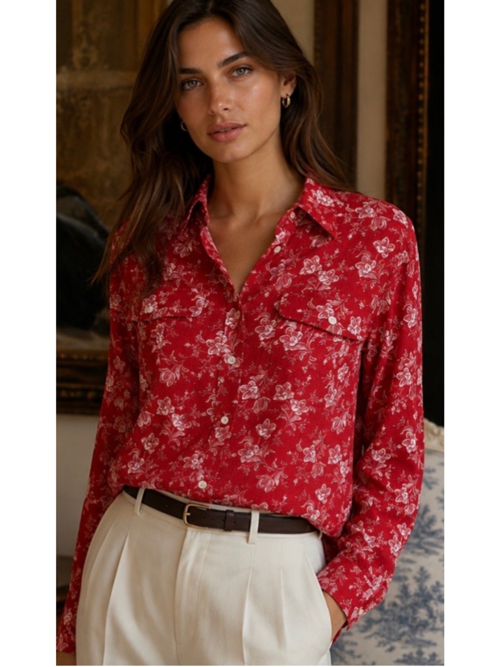 Lauren Ralph Lauren Floral Button Down Shirt, Size L, Burgundy and White New! - Picture 2 of 6